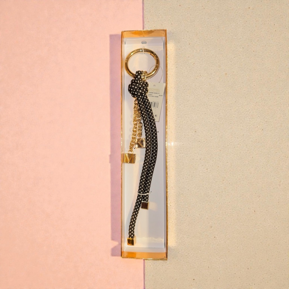 Michael Kors Black Gold Polka Dot Speckled Cord Bag Charm Keychain Accessory MK